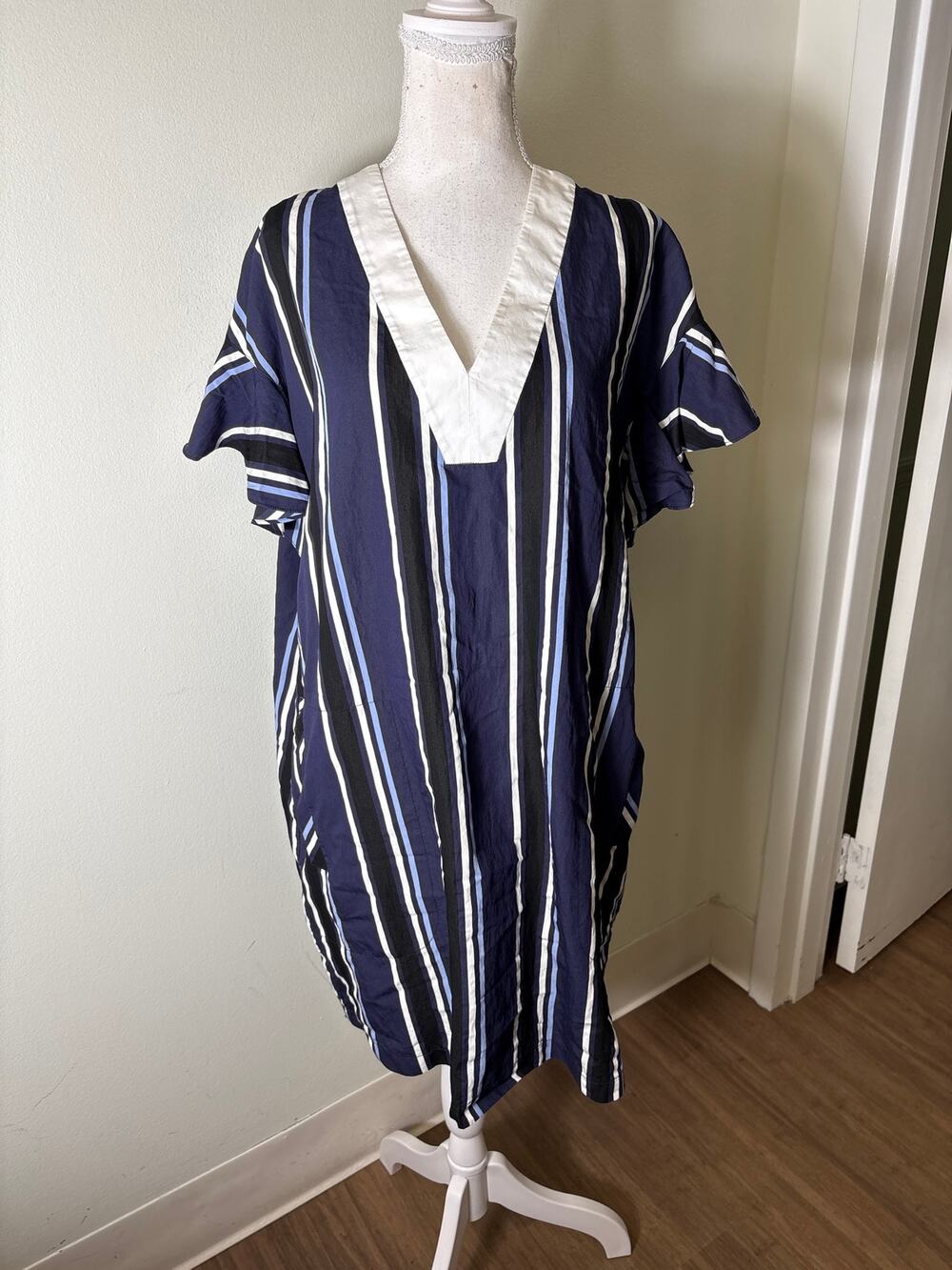 Pearl by Lela Rose Navy Blue Flutter Sleeve Cotton Tunic Dress Sz L